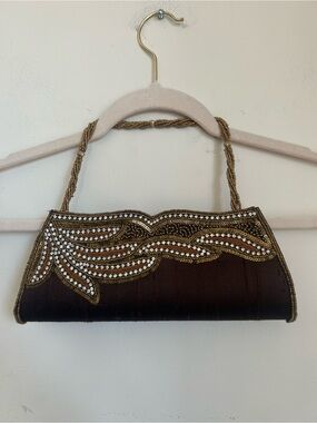 Embellished Evening Clutch Bag in Dark Brown with Gold Beading